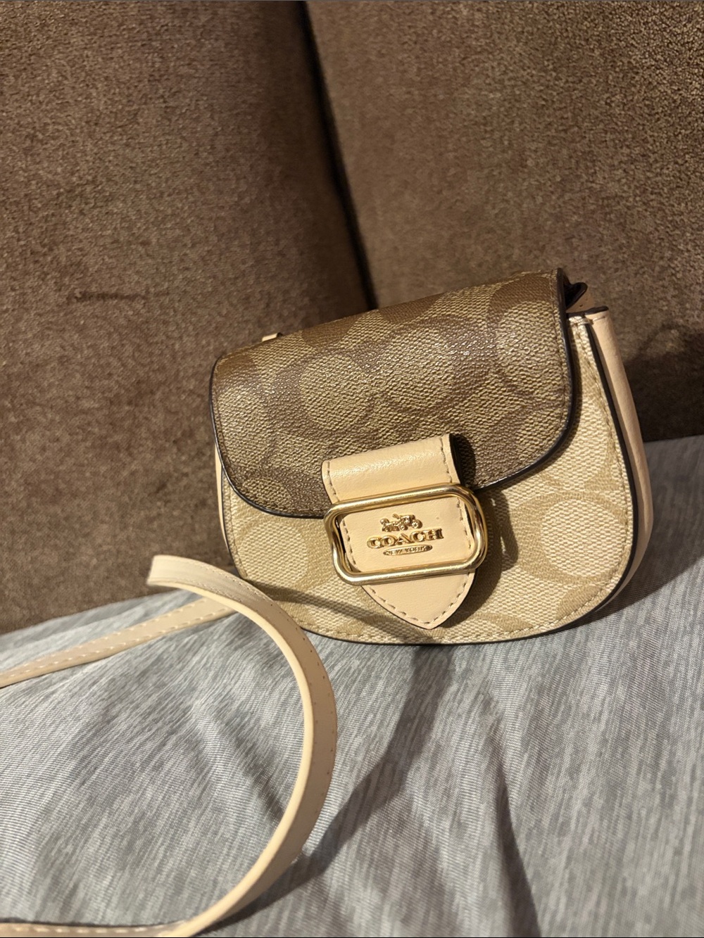 Coach Two-Tone Signature Mini Saddle Crossbody in Beige and Brown